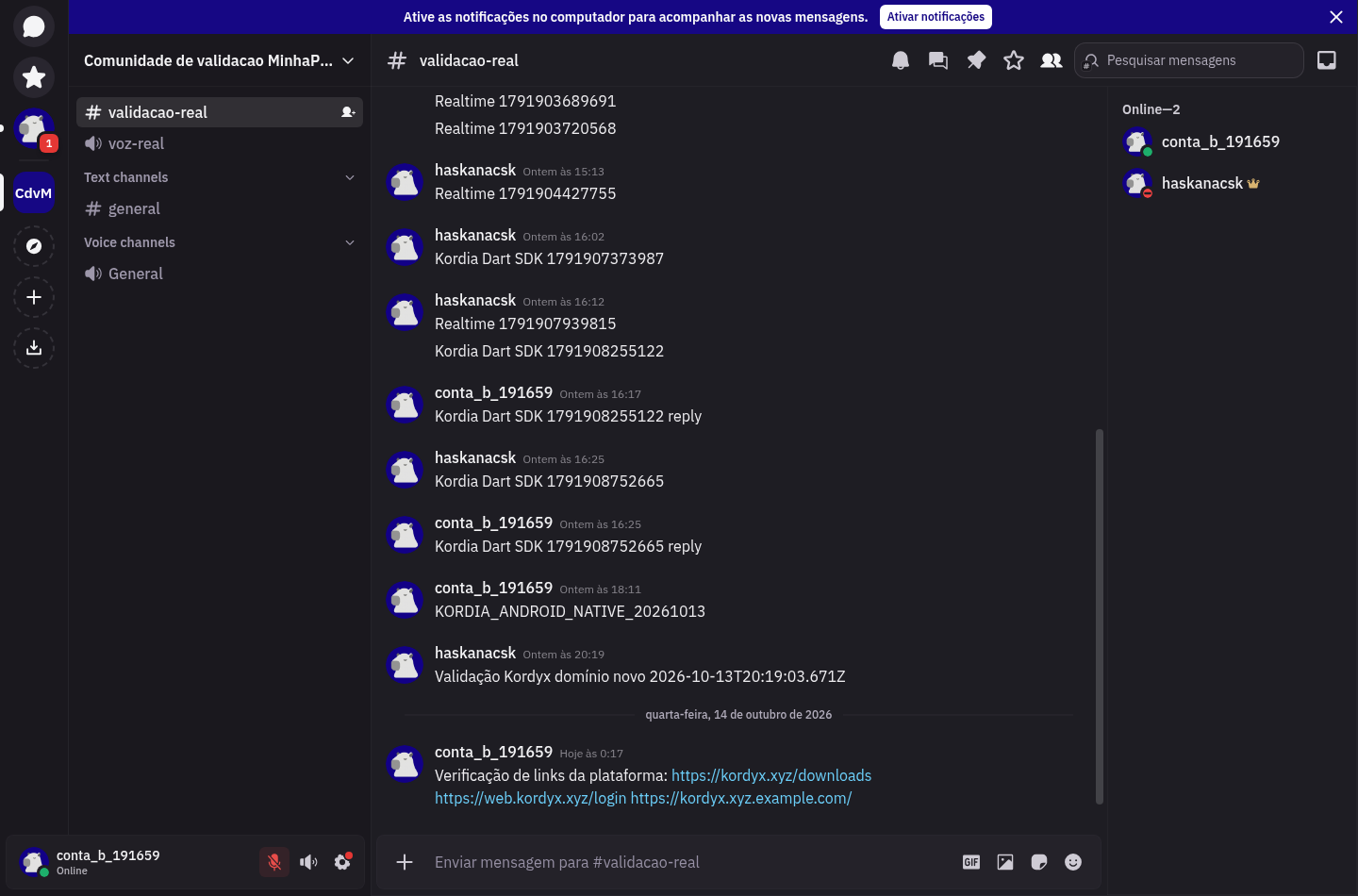 Interface real da Kordyx em uma comunidade de testes